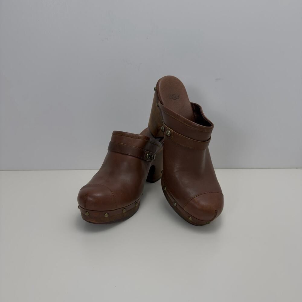 UGG Jolene Brown Leather Studded Wooden Heel Clogs Boho Cottagecore - Size 8
